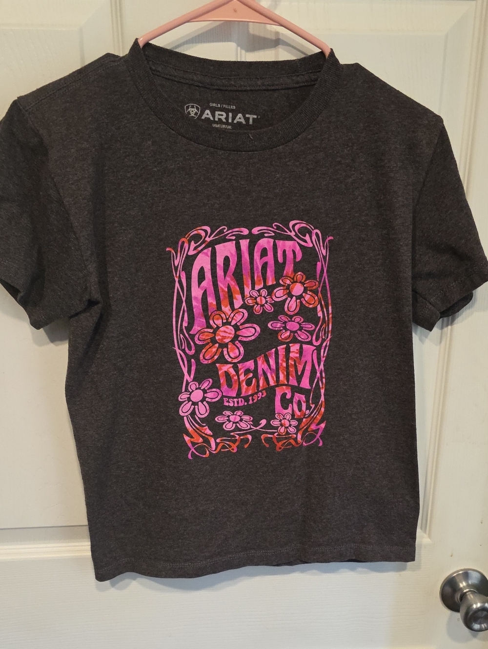 Ariat Charcoal Girls' Tee with Pink Floral Logo